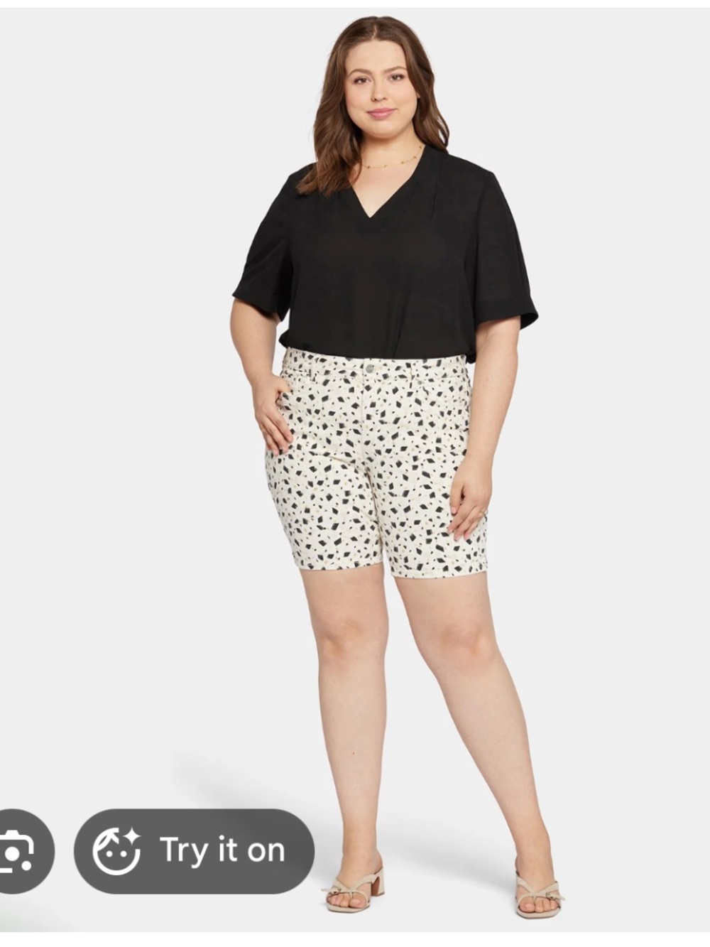 NYDJ Printed Plus-Size Bermuda Shorts in White with Black Speckle